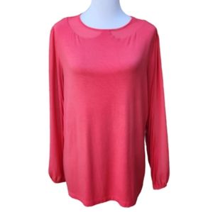 ELLE Red Long Sleeve Blouse Mixed Media Sheer Collar Accents Solid